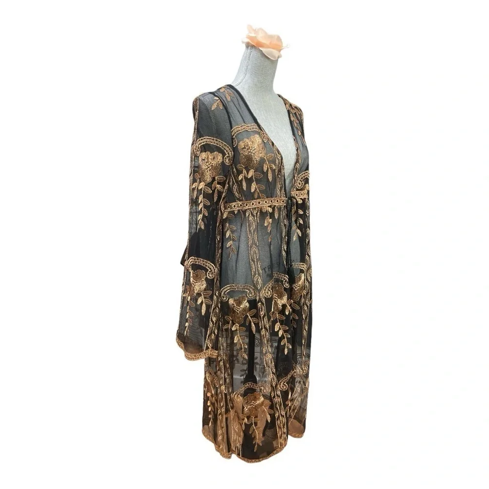 Haute Monde Kimono Duster Robe Jacket Women Size L Bronze Embroidery Boho Retro